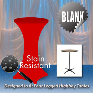 Fitted Spandex table cover in red with the words "stain Resistant" & a photo of an undressed table 