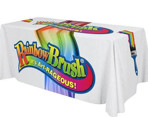 Custom-printed 6-foot rectangular corporate logo tablecloth for the Rainbow Brush