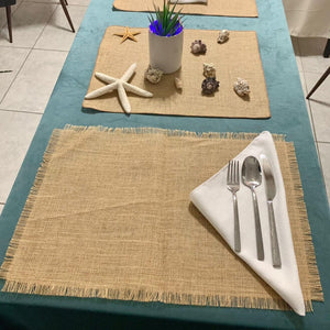 burlap placemats with fringe and squares