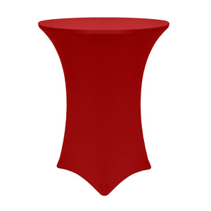 Red fitted streatch cocktail table cover used for Holiday parties