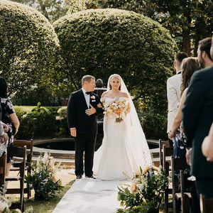 White Wedding Aisle runner laid out as Bride and Father begin to walk