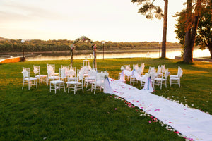 Burlap isle runner, outdoor wedding on grass by lake