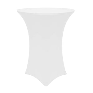 White Spandex table cover on highboy table in front of a white background