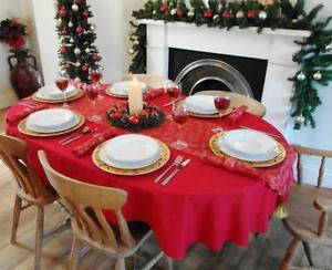Holiday red oval tablecloth with Christmas decorations
