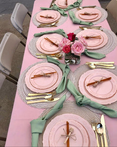 sage napkins, pink tablecloth for a baby shower