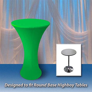 Green spandex tablecloth with text below reading "Designed to fit Round Base Highboy Tables"