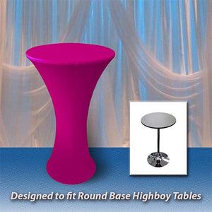 Pink spandex table cover with text below reading "Designed to fit Round Base cocktail Tables"