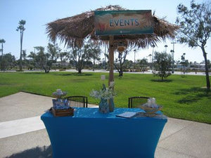 Light Bue spandex table cover on an outdoor events table