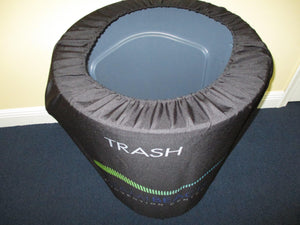 32-gallon Black custom-printed trash can cover with the top on it