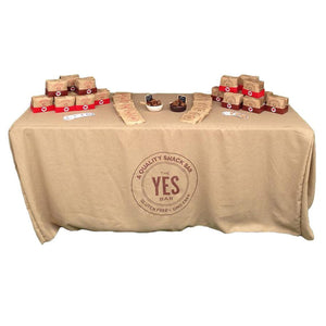 Custom printed fitted burlap table cover with one color front panel print