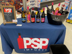 4-foot liquid repellent table cover with 2 color print at a Retail wine tasting activation