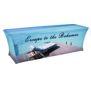 All over print custom table cloth in blue with Escape to the Bahamas on it
