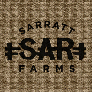Close up on a one-color printed logo table cloth for Sarratt Farms