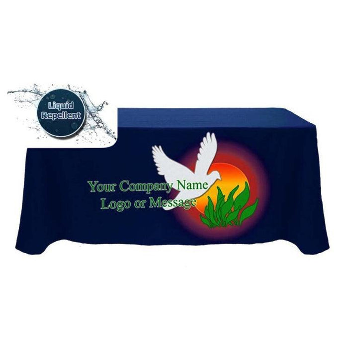 Mock-up of a 5-foot custom-printed Liquid Repellent tablecloth with placeholder art