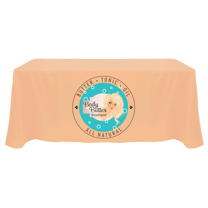 Custom printed 5-foot table cover with front panel print for the Body Butter Boutique