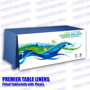 custom printed 6' fitted tablecloth with logo on front panel 