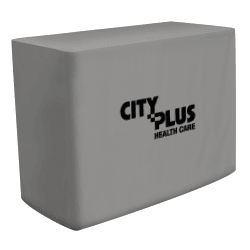Grey fitted custom printed tablecloth for City plus health care