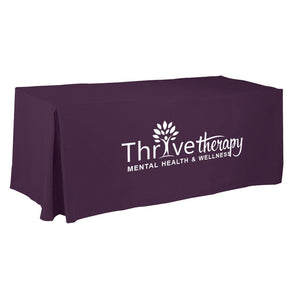 A 6-foot Blue custom one-color print fitted tablecloth with pleats for Thrive therapy