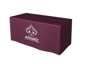 Fitted custom-printed 6-foot table throw for Atomic card company