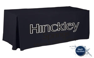 6-foot custom printed liquid repellant table cover in blue with single color print for Hinkley