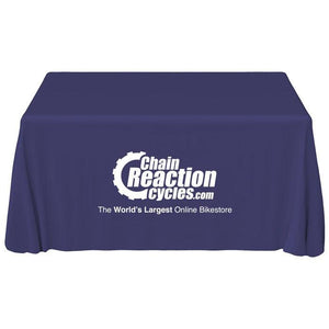 Blue tablecloth with one color corporate logo print at center for Chain Reaction Cycles