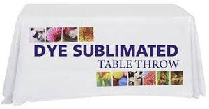  6 foot custom Dye Sublimated table throw in white with full color print