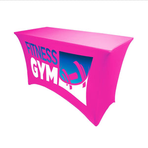 Stretch fitted table cover in pink fabric for Fitness Gym company