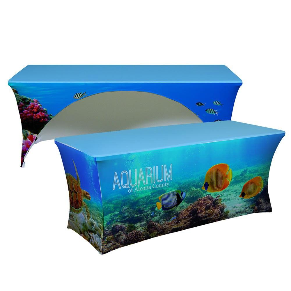 Stretch spandex Tablecloth with the Aquarium of Alcona County logo and an image of the coral reef 
