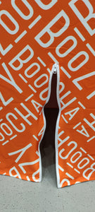 opened zipper option on a Spandex orange and white custom printed table cover