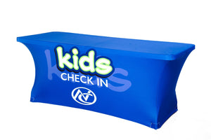 Printed, Kids Check in Spandex Tablecloth with white and yellow logo and blue background