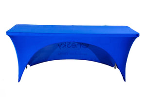 6 foot Blue Spandex fitted, printed tablecloth with the open back side showing