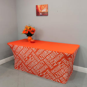 Orange corporate stretch spandex tablecloth with logo