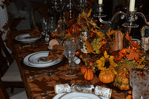 Beautiful fall tablecloth setting with a damask linen.
