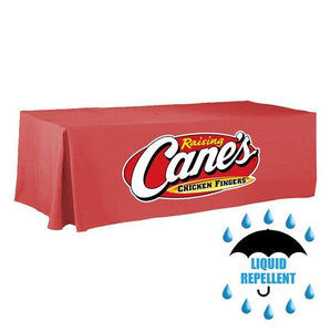 8-foot  Custom printed liquid repellent table throw with front panel print for Raisin Canes Chicken