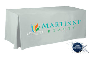 8-foot custom branded liquid repellent tablecloth for Martinni Beauty 
