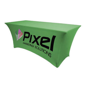 Rectangular table with green spandex table over, branded with company logo