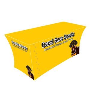 Custom printed yellow spandex table cover with dog logo on it