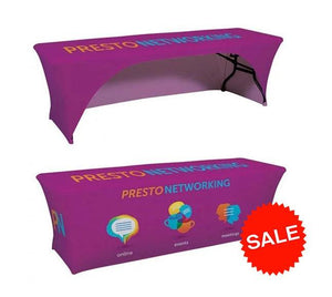 Front and back images of spandex full color print stretch table cover with open back
