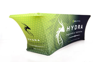 Printed Spandex table throw with Hydra corporate logo