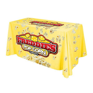 Yellow custom printed fully sublimated table cover for Freddie's Pop Corn Company