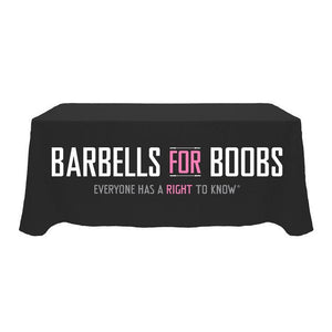 Mock-up of a black 8-foot table cover printed with 2 colors for Barbells for Boobs