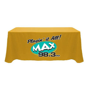 Custom 8-foot tablecloth printed in 3 colors for the max radio station