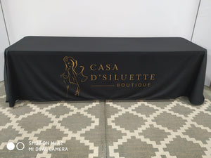 Fitted custom one-color printed tablecloth with Casa D' Siluette Boutique logo