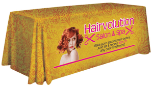 8 foot Custom Table Throw with allover print for Hairvolution salon and spa