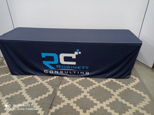 Blue Spandex tablecloth with blue and white company logo