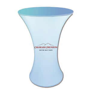 White custom-printed cocktail table cover with Colorado Premium logo