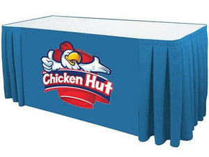 Blue printed table skirt with box pleats for The Chicken Hut