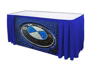 Custom branded table skirt with pleats for the BMW car company