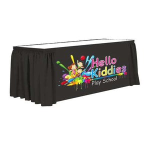 Black printed table skirt with custom front panel design for Hello Kiddies playschool