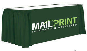 Green table skirt with custom printed front panel design for Mail Print